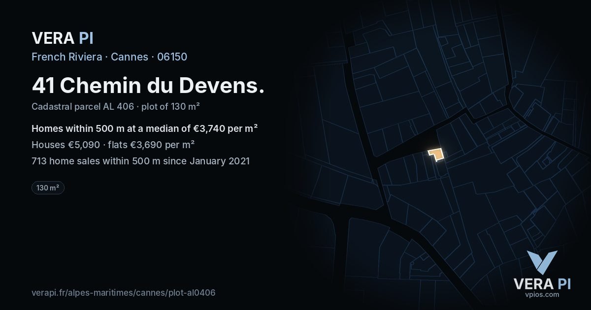 41 Chemin du Devens, Cannes at night – the plot lit, the parcels around coloured by the prices near them