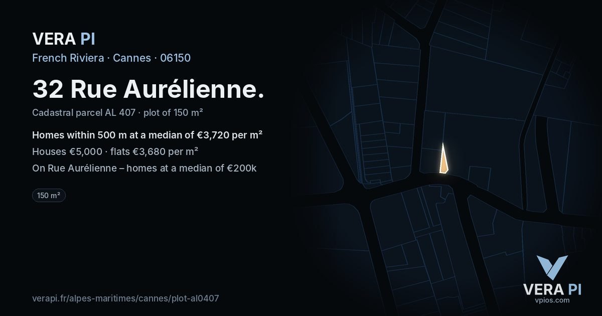 32 Rue Aurélienne, Cannes at night – the plot lit, the parcels around coloured by the prices near them