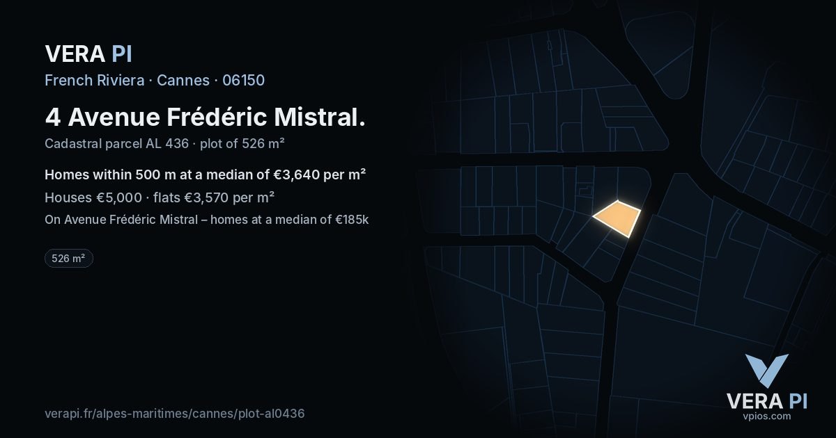 4 Avenue Frédéric Mistral, Cannes at night – the plot lit, the parcels around coloured by the prices near them