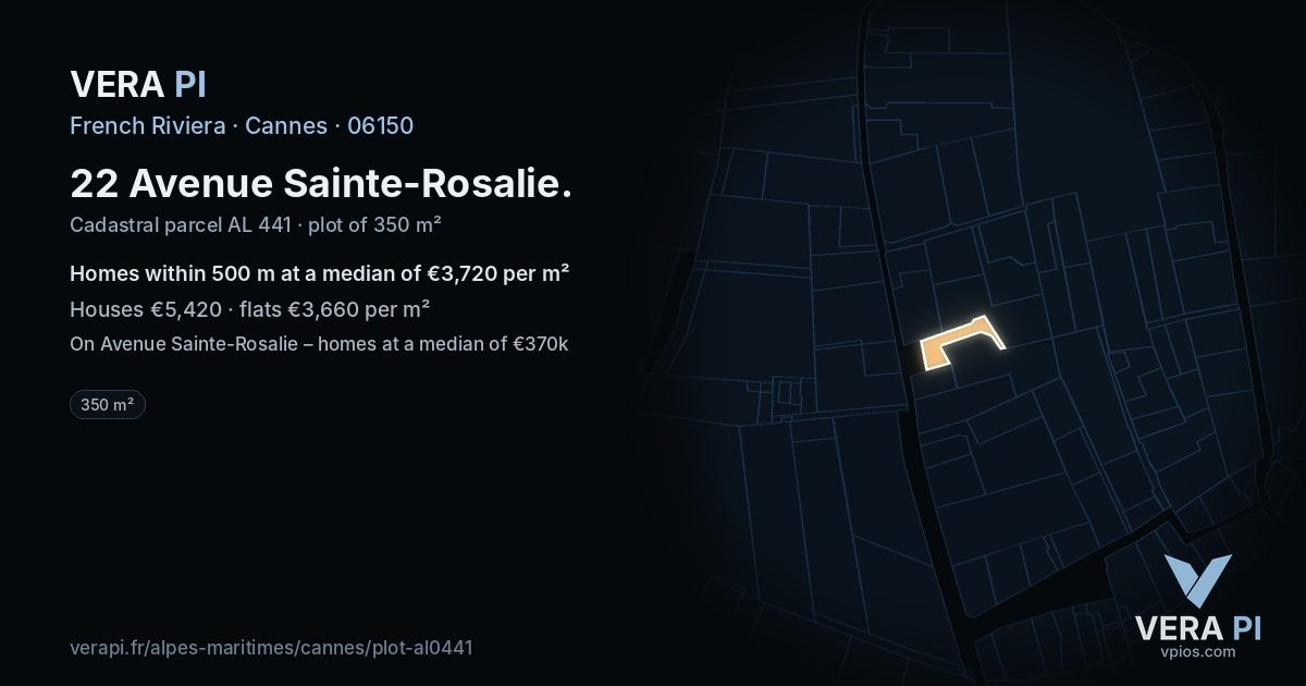 22 Avenue Sainte-Rosalie, Cannes at night – the plot lit, the parcels around coloured by the prices near them