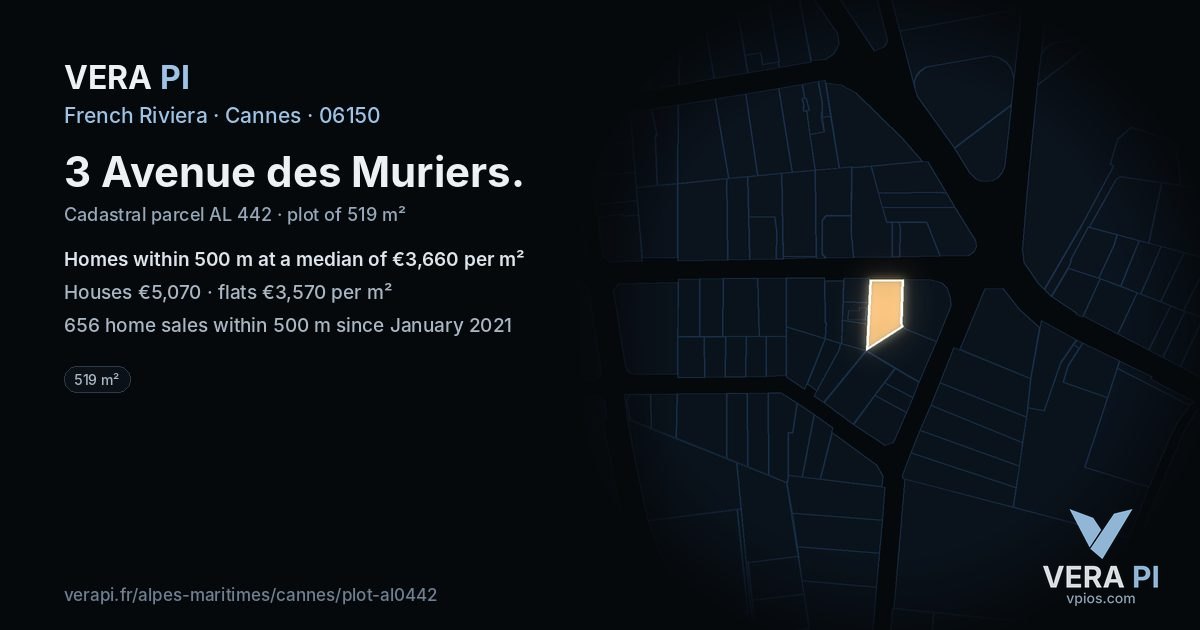 3 Avenue des Muriers, Cannes at night – the plot lit, the parcels around coloured by the prices near them