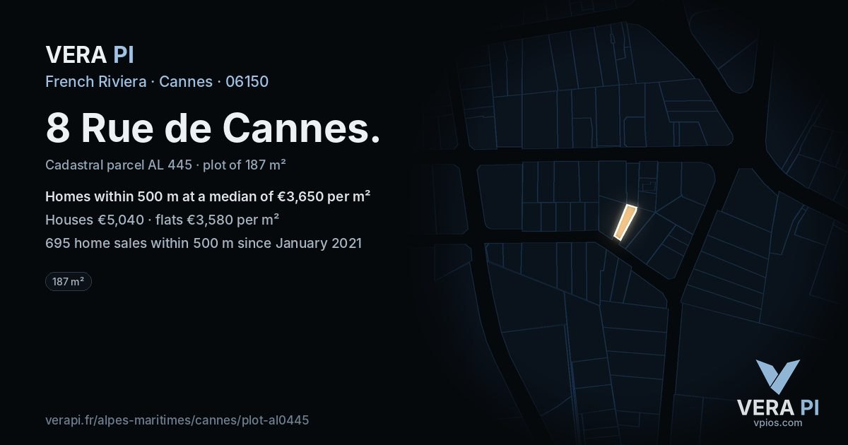8 Rue de Cannes, Cannes at night – the plot lit, the parcels around coloured by the prices near them