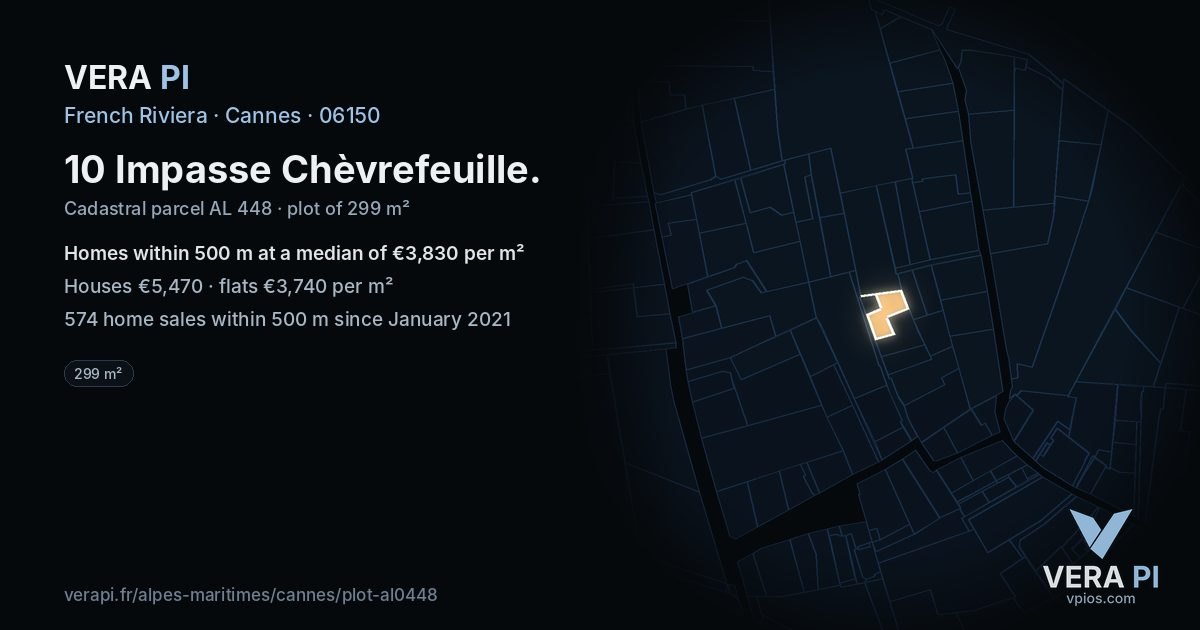 10 Impasse Chèvrefeuille, Cannes at night – the plot lit, the parcels around coloured by the prices near them