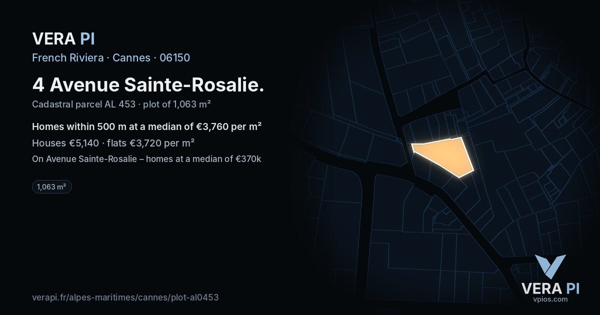 4 Avenue Sainte-Rosalie, Cannes at night – the plot lit, the parcels around coloured by the prices near them