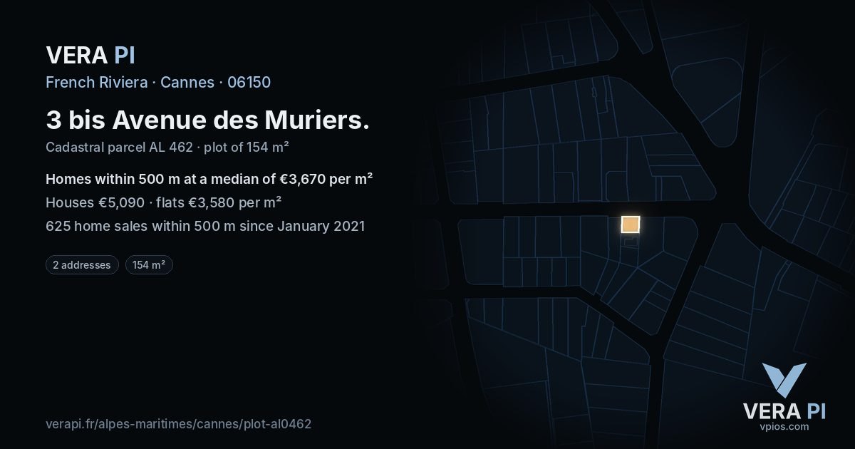 3 bis Avenue des Muriers, Cannes at night – the plot lit, the parcels around coloured by the prices near them