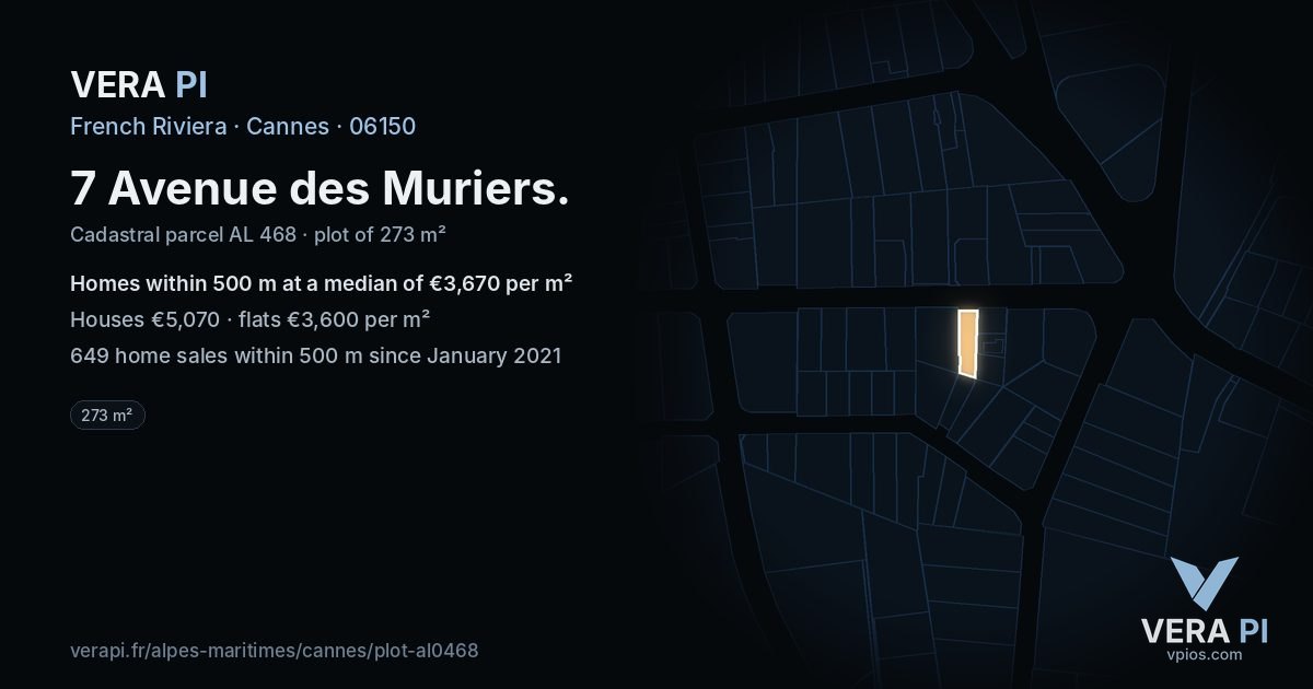 7 Avenue des Muriers, Cannes at night – the plot lit, the parcels around coloured by the prices near them