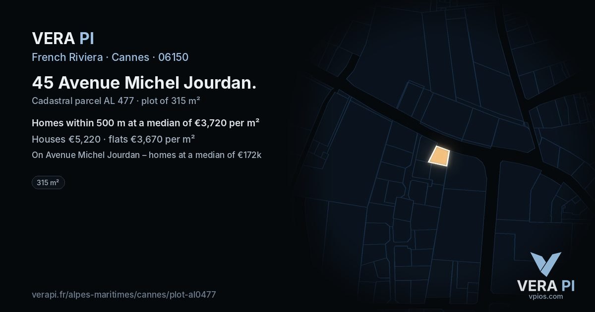 45 Avenue Michel Jourdan, Cannes at night – the plot lit, the parcels around coloured by the prices near them