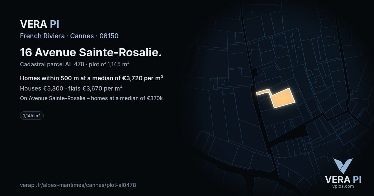 16 Avenue Sainte-Rosalie, Cannes at night – the plot lit, the parcels around coloured by the prices near them