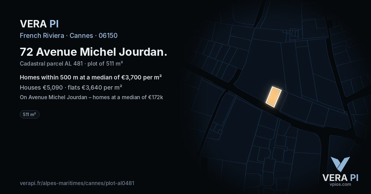 72 Avenue Michel Jourdan, Cannes at night – the plot lit, the parcels around coloured by the prices near them