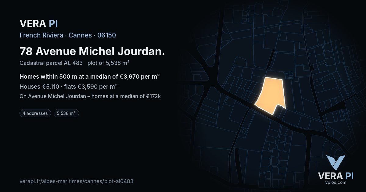 78 Avenue Michel Jourdan, Cannes at night – the plot lit, the parcels around coloured by the prices near them