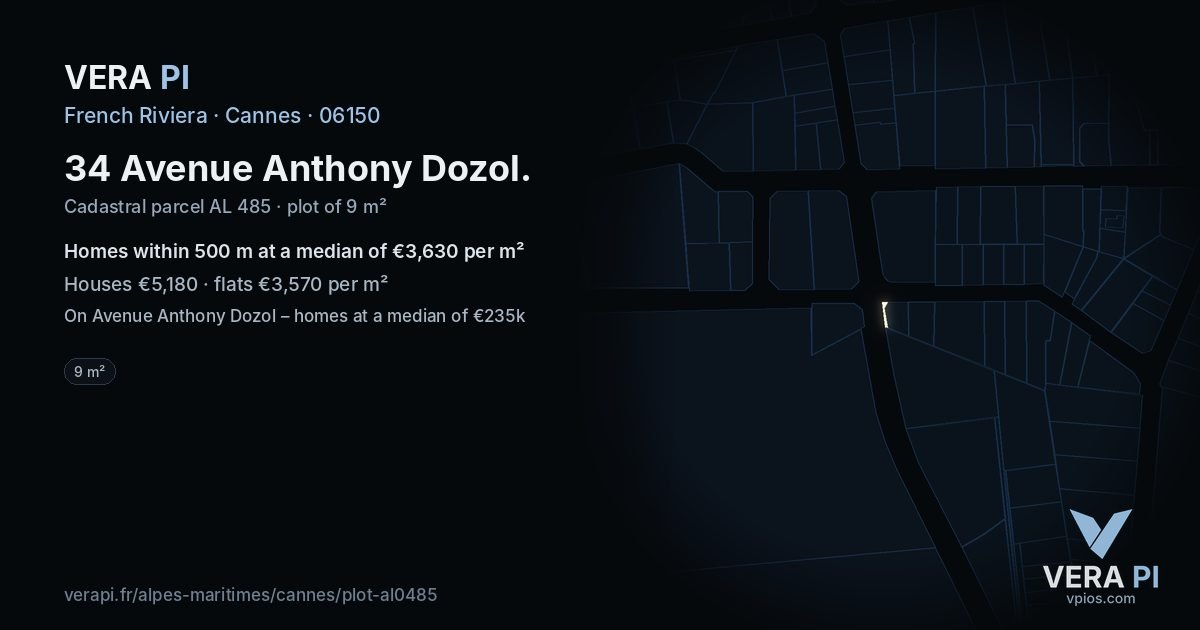 34 Avenue Anthony Dozol, Cannes at night – the plot lit, the parcels around coloured by the prices near them
