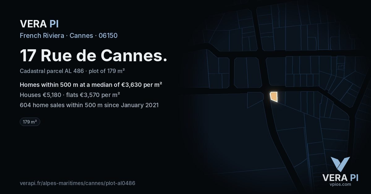 17 Rue de Cannes, Cannes at night – the plot lit, the parcels around coloured by the prices near them