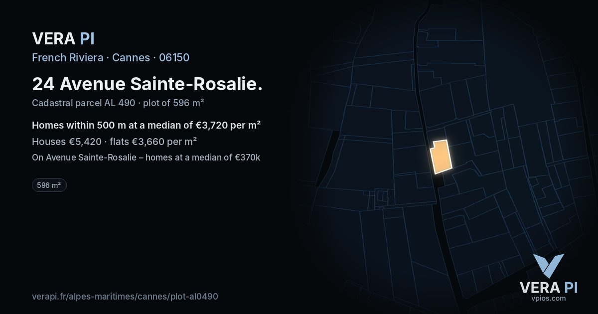 24 Avenue Sainte-Rosalie, Cannes at night – the plot lit, the parcels around coloured by the prices near them
