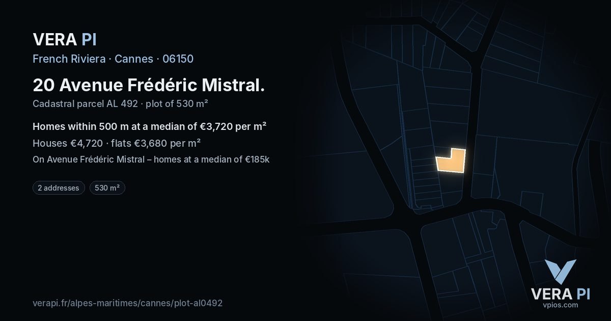 20 Avenue Frédéric Mistral, Cannes at night – the plot lit, the parcels around coloured by the prices near them
