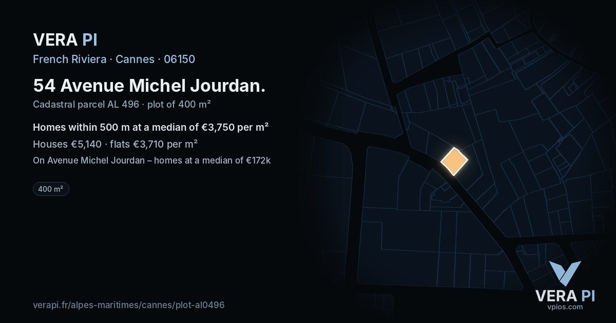 54 Avenue Michel Jourdan, Cannes at night – the plot lit, the parcels around coloured by the prices near them