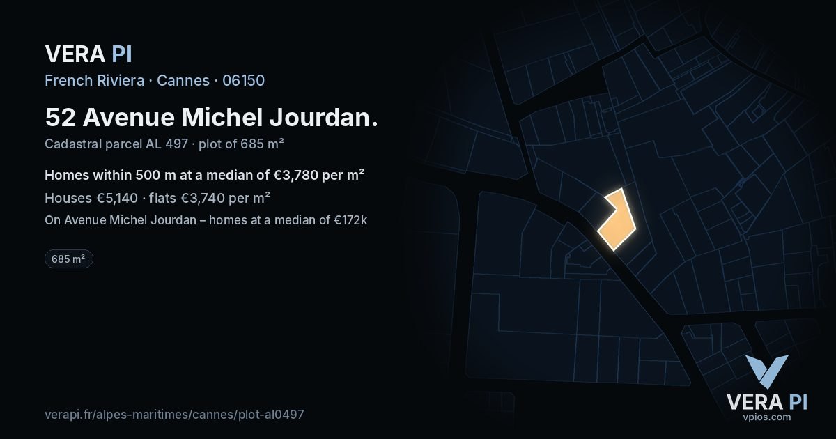 52 Avenue Michel Jourdan, Cannes at night – the plot lit, the parcels around coloured by the prices near them