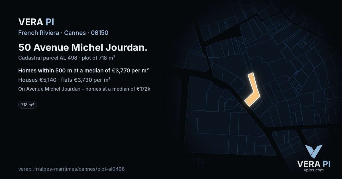 50 Avenue Michel Jourdan, Cannes at night – the plot lit, the parcels around coloured by the prices near them