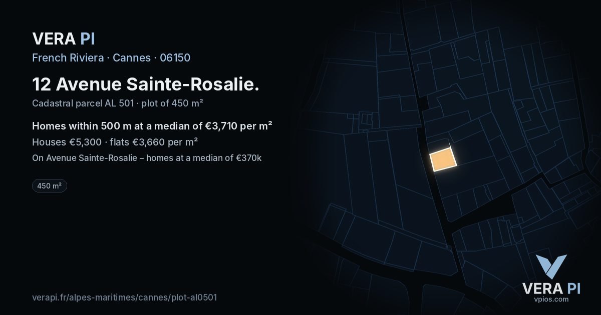 12 Avenue Sainte-Rosalie, Cannes at night – the plot lit, the parcels around coloured by the prices near them