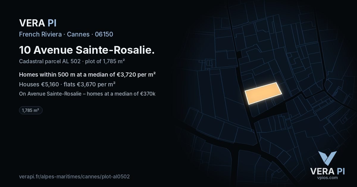 10 Avenue Sainte-Rosalie, Cannes at night – the plot lit, the parcels around coloured by the prices near them