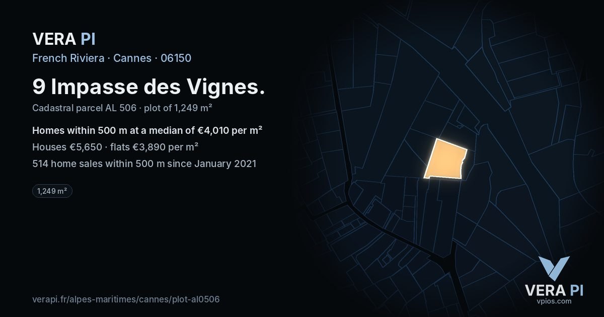 9 Impasse des Vignes, Cannes at night – the plot lit, the parcels around coloured by the prices near them