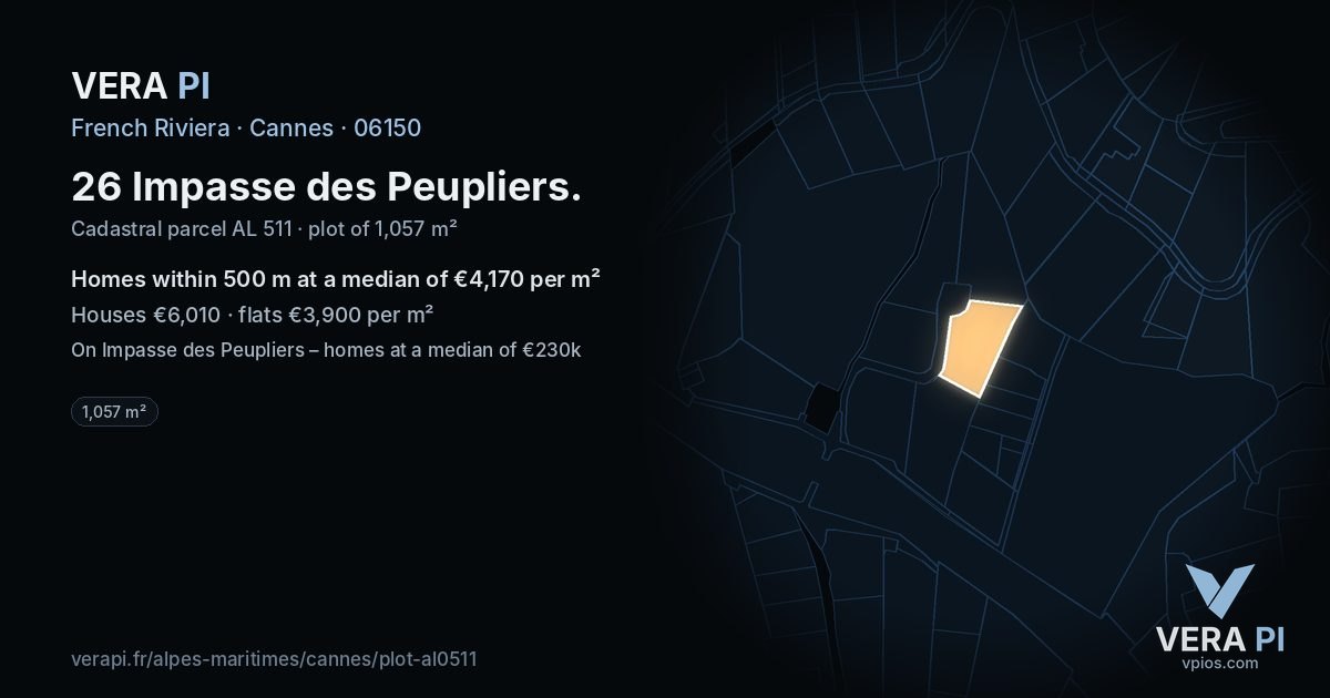 26 Impasse des Peupliers, Cannes at night – the plot lit, the parcels around coloured by the prices near them