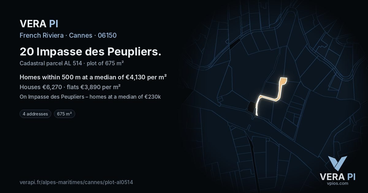 20 Impasse des Peupliers, Cannes at night – the plot lit, the parcels around coloured by the prices near them