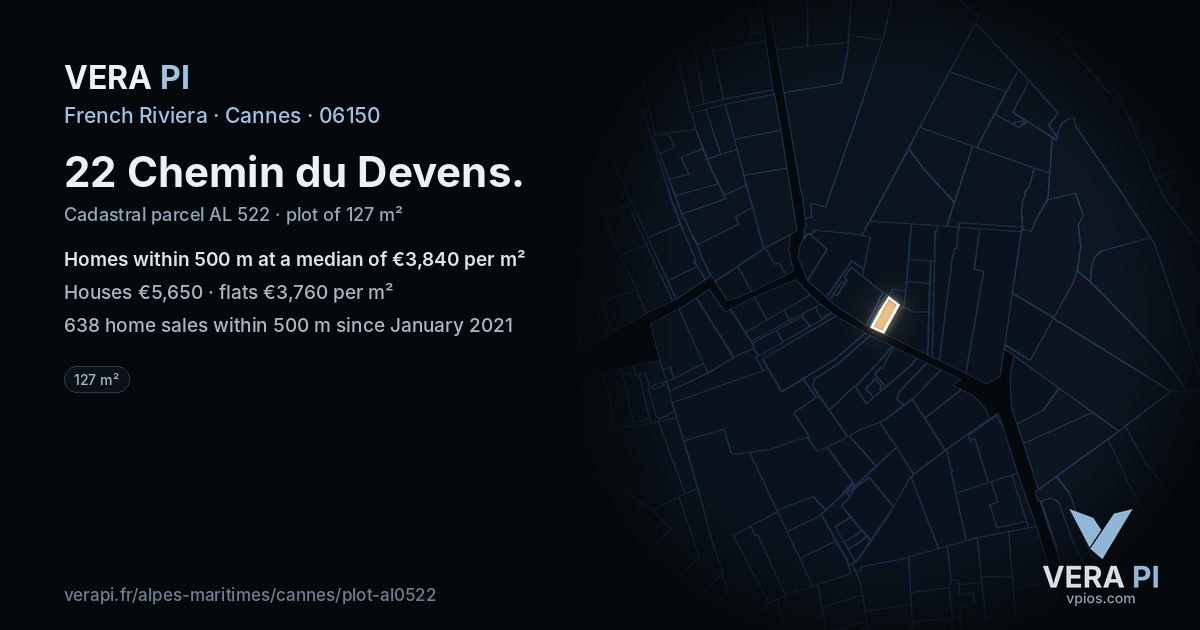 22 Chemin du Devens, Cannes at night – the plot lit, the parcels around coloured by the prices near them