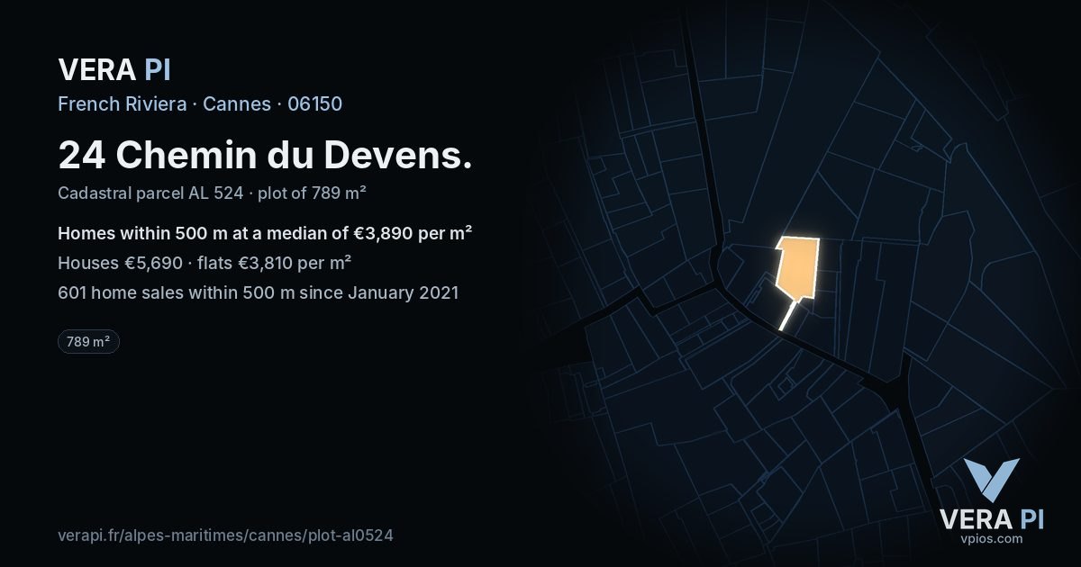 24 Chemin du Devens, Cannes at night – the plot lit, the parcels around coloured by the prices near them