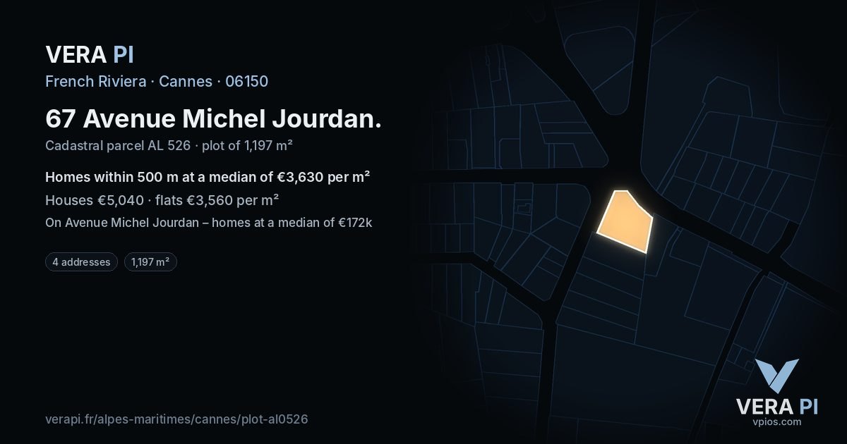 67 Avenue Michel Jourdan, Cannes at night – the plot lit, the parcels around coloured by the prices near them