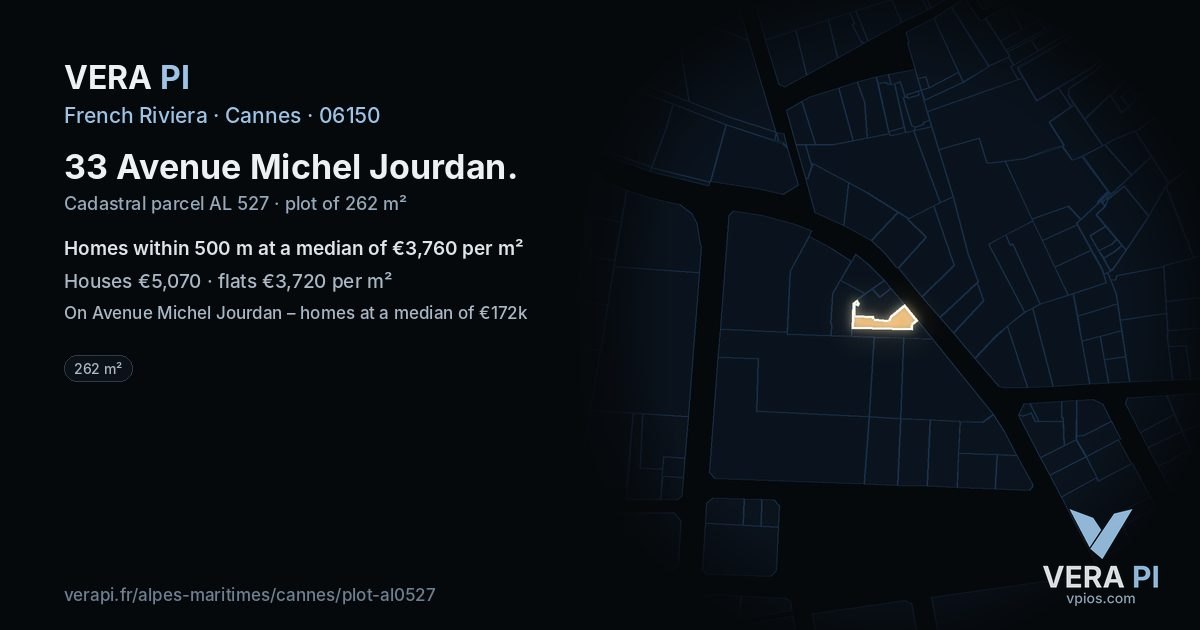 33 Avenue Michel Jourdan, Cannes at night – the plot lit, the parcels around coloured by the prices near them