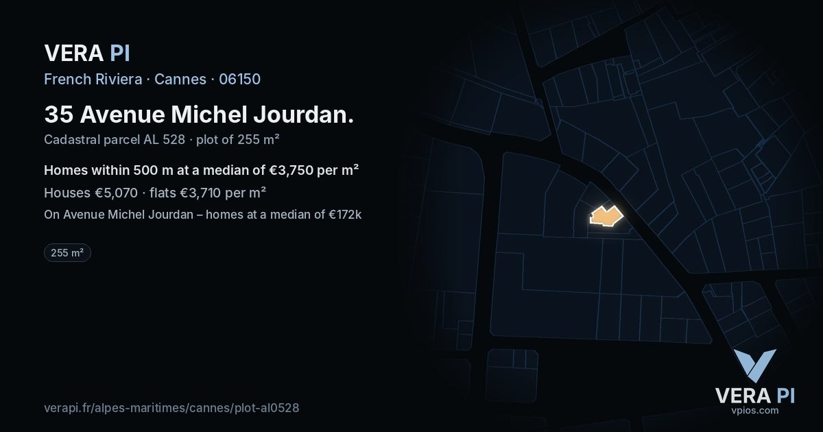 35 Avenue Michel Jourdan, Cannes at night – the plot lit, the parcels around coloured by the prices near them
