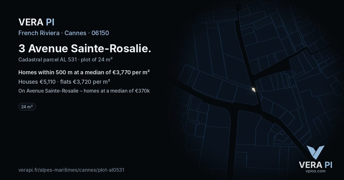 3 Avenue Sainte-Rosalie, Cannes at night – the plot lit, the parcels around coloured by the prices near them