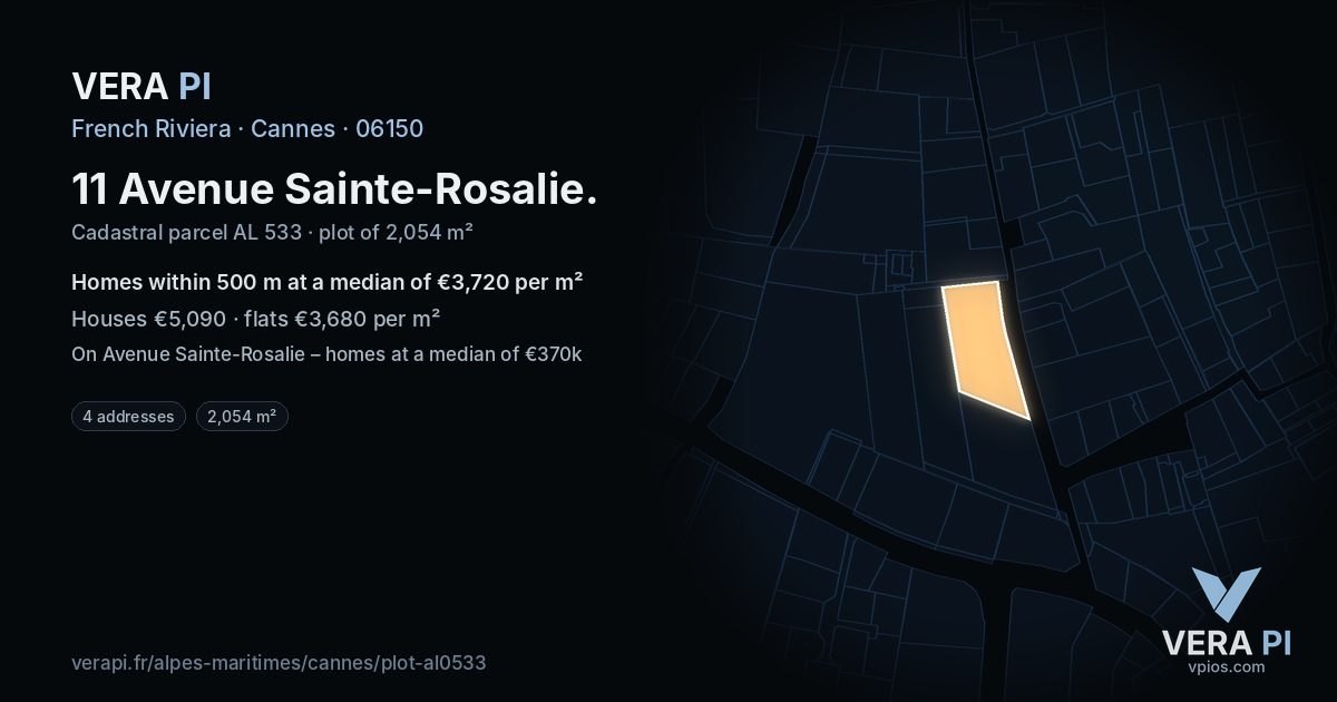 11 Avenue Sainte-Rosalie, Cannes at night – the plot lit, the parcels around coloured by the prices near them