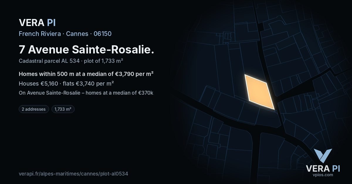 7 Avenue Sainte-Rosalie, Cannes at night – the plot lit, the parcels around coloured by the prices near them