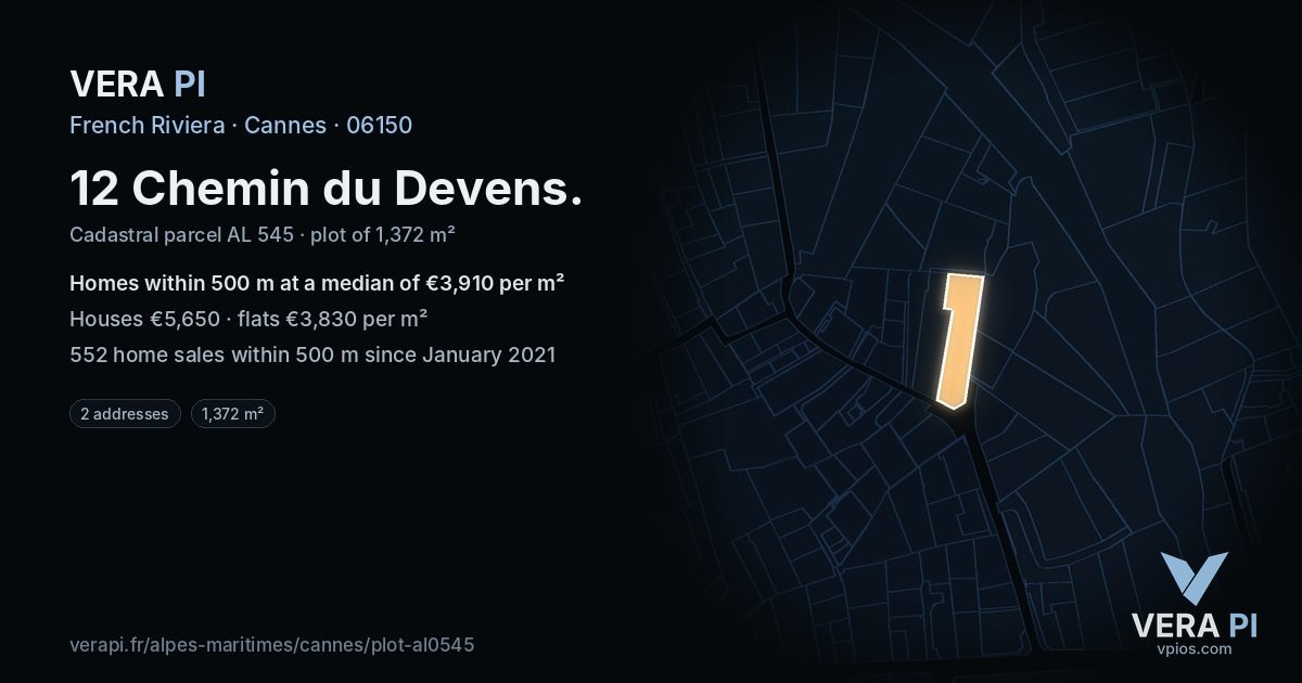 12 Chemin du Devens, Cannes at night – the plot lit, the parcels around coloured by the prices near them