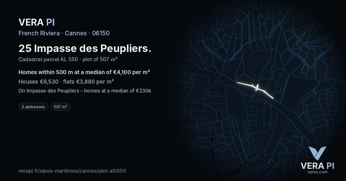 25 Impasse des Peupliers, Cannes at night – the plot lit, the parcels around coloured by the prices near them