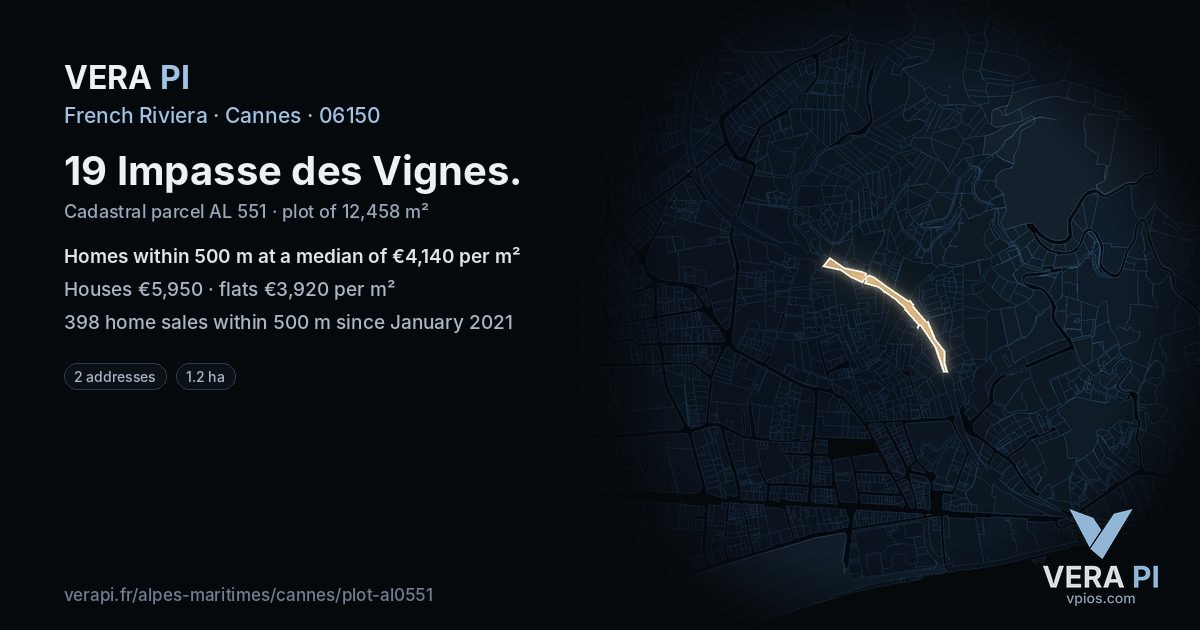 19 Impasse des Vignes, Cannes at night – the plot lit, the parcels around coloured by the prices near them