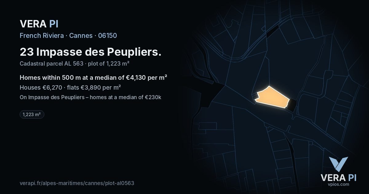 23 Impasse des Peupliers, Cannes at night – the plot lit, the parcels around coloured by the prices near them