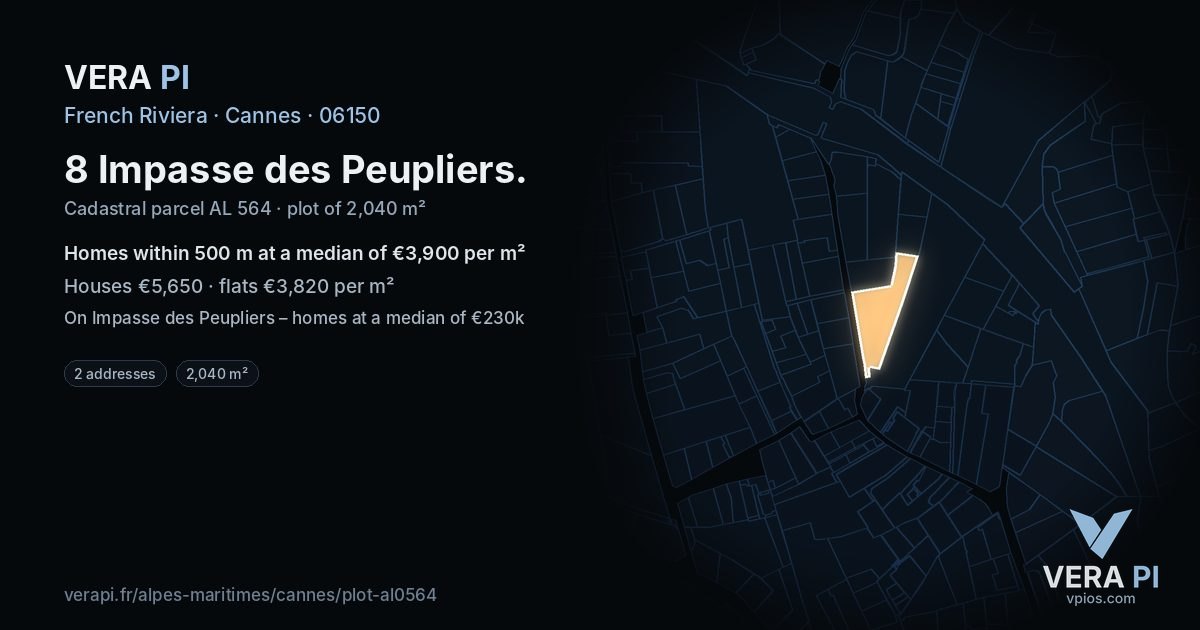 8 Impasse des Peupliers, Cannes at night – the plot lit, the parcels around coloured by the prices near them