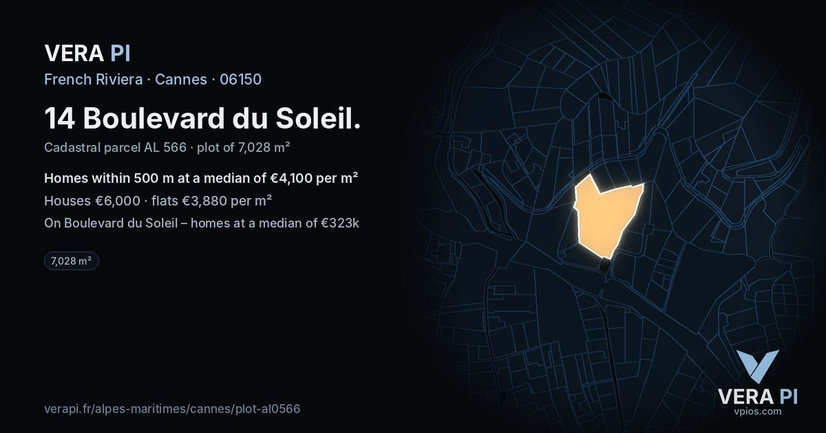 14 Boulevard du Soleil, Cannes at night – the plot lit, the parcels around coloured by the prices near them