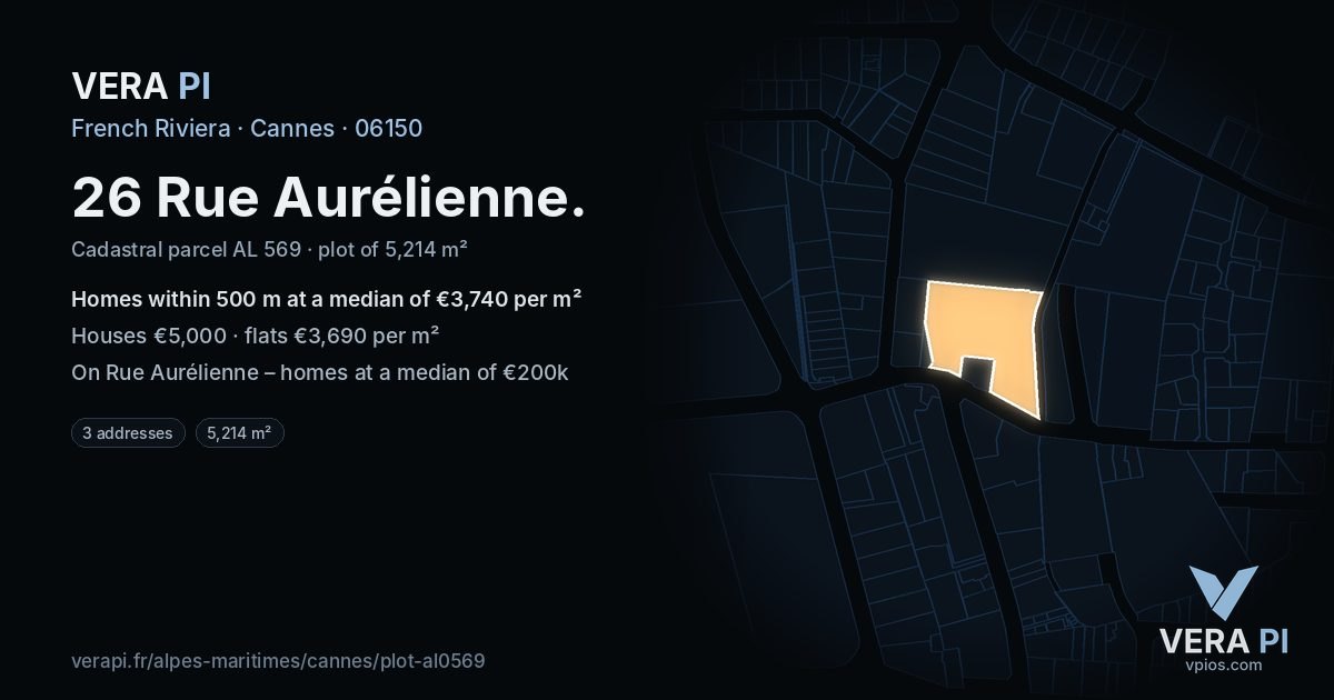 26 Rue Aurélienne, Cannes at night – the plot lit, the parcels around coloured by the prices near them