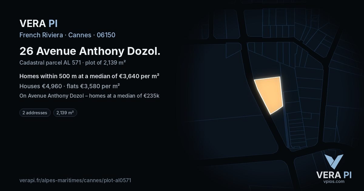 26 Avenue Anthony Dozol, Cannes at night – the plot lit, the parcels around coloured by the prices near them