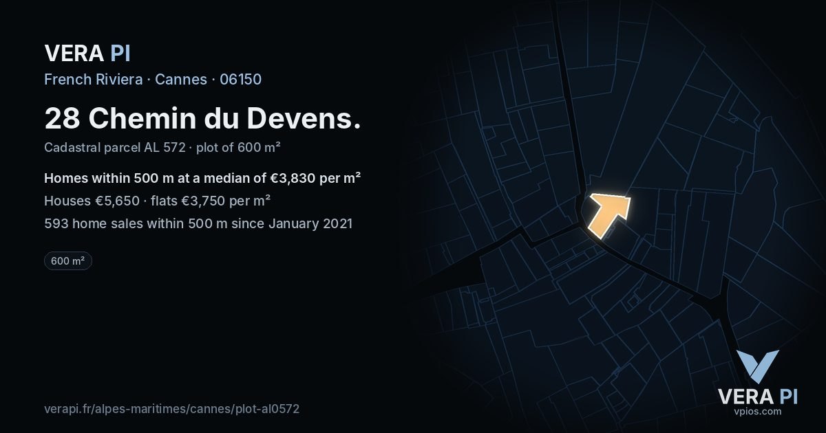 28 Chemin du Devens, Cannes at night – the plot lit, the parcels around coloured by the prices near them