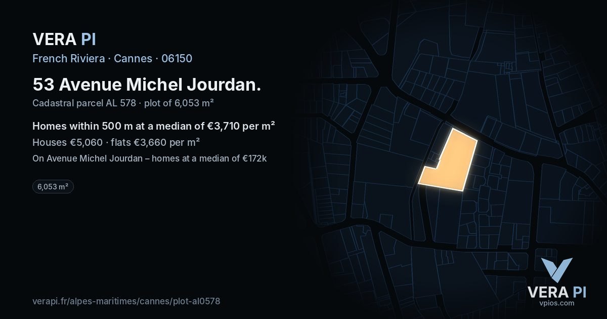 53 Avenue Michel Jourdan, Cannes at night – the plot lit, the parcels around coloured by the prices near them