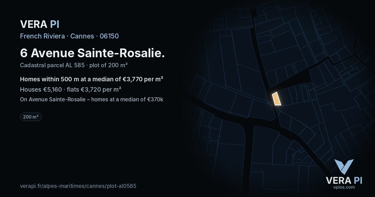 6 Avenue Sainte-Rosalie, Cannes at night – the plot lit, the parcels around coloured by the prices near them
