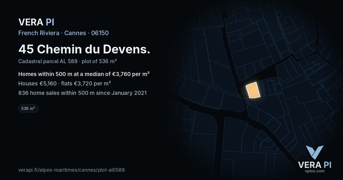45 Chemin du Devens, Cannes at night – the plot lit, the parcels around coloured by the prices near them