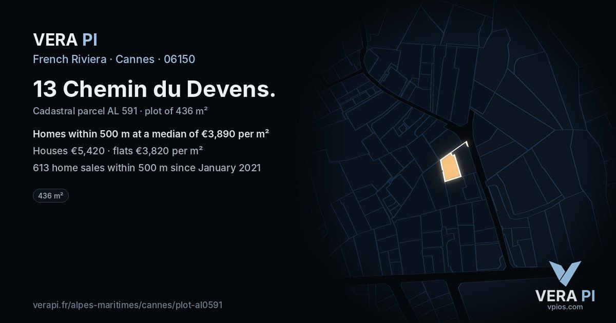 13 Chemin du Devens, Cannes at night – the plot lit, the parcels around coloured by the prices near them