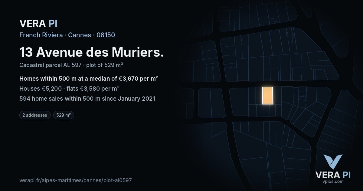 13 Avenue des Muriers, Cannes at night – the plot lit, the parcels around coloured by the prices near them