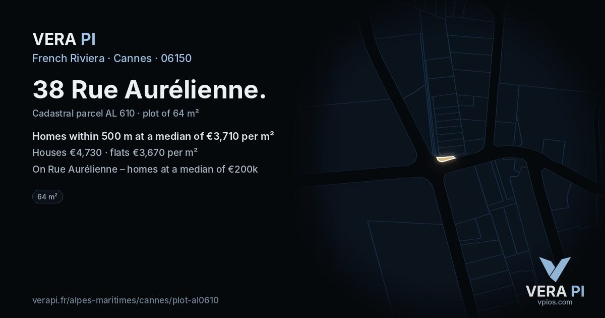 38 Rue Aurélienne, Cannes at night – the plot lit, the parcels around coloured by the prices near them
