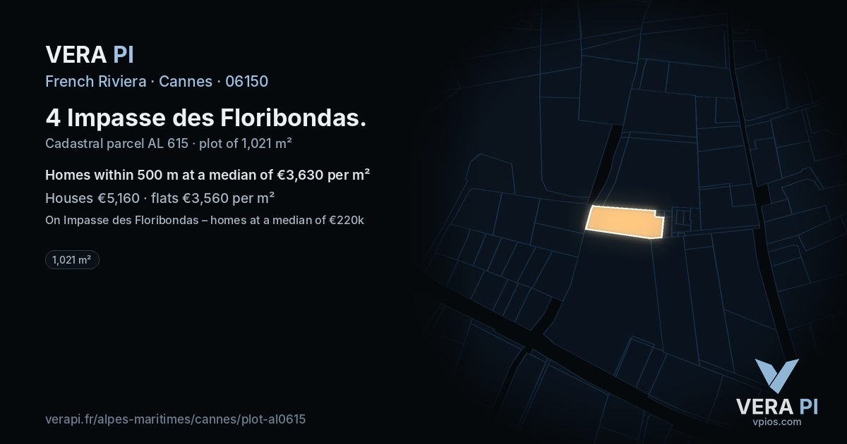 4 Impasse des Floribondas, Cannes at night – the plot lit, the parcels around coloured by the prices near them